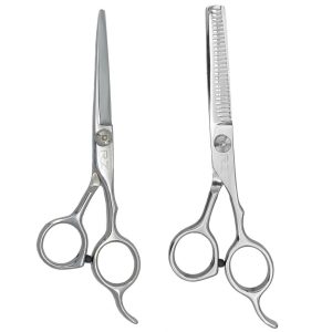 KIT DE 2 TIJERAS PARA CABELLO CORTE DESLIZANTE 5.5" Y ENTRESACAR SENCILLA MARCA RZ EN ACERO INOXIDABLE