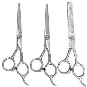 KIT DE 3 TIJERAS PARA CABELLO CORTE MICRODENTADA 5.5", CORTE DESLIZANTE DE 5.5" Y ENTRESACAR DOBLE MARCA RZ EN ACERO INOXIDABLE