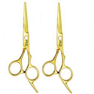 KIT DE 2 TIJERAS PARA CABELLO DORADAS CORTE DESLIZANTE DE 5.5" Y CORTE MICRODENTADA DE 5.5" MARCA RZ EN ACERO INOXIDABLE