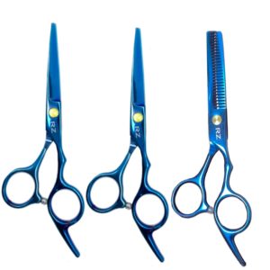 KIT DE 3 TIJERAS PARA CABELLO AZUL CORTE MICRODENTADA 5.5", CORTE DESLIZANTE DE 5.5" Y ENTRESACAR SENCILLA MARCA RZ