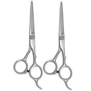 KIT DE 2 TIJERAS PARA CABELLO CORTE DESLIZANTE DE 5.5" Y CORTE MICRODENTADA DE 5.5" MARCA RZ EN ACERO INOXIDABLE