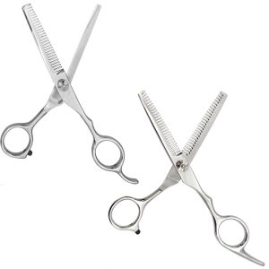 KIT DE 2 TIJERAS PARA CABELLO ENTRESACAR SENCILLA Y ENTRESACAR DOBLE MARCA RZ EN ACERO INOXIDABLE