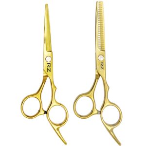 KIT DE 2 TIJERAS PARA CABELLO CORTE DORADAS DESLIZANTE 5.5" Y ENTRESACAR SENCILLA MARCA RZ EN ACERO INOXIDABLE