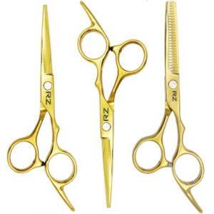 KIT DE 3 TIJERAS PARA CABELLO DORADAS CORTE MICRODENTADA 5.5", CORTE DESLIZANTE DE 5.5" Y ENTRESACAR SENCILLA MARCA RZ EN ACERO INOXIDABLE